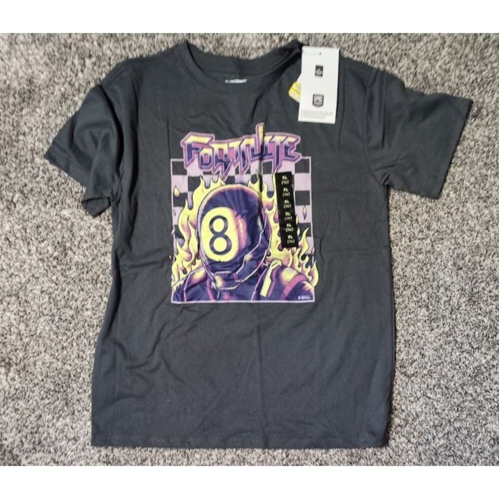 NEW Fortnite Boys L 10/12 Gray 8-Ball Graphic Logo Crew Neck Short Sleeve Shirt
